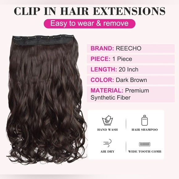 REECHO 20" 1-pack 3/4 Full Head Curly Wave Clips in on Synthetic Hair Extensions - Picture 8 of 11